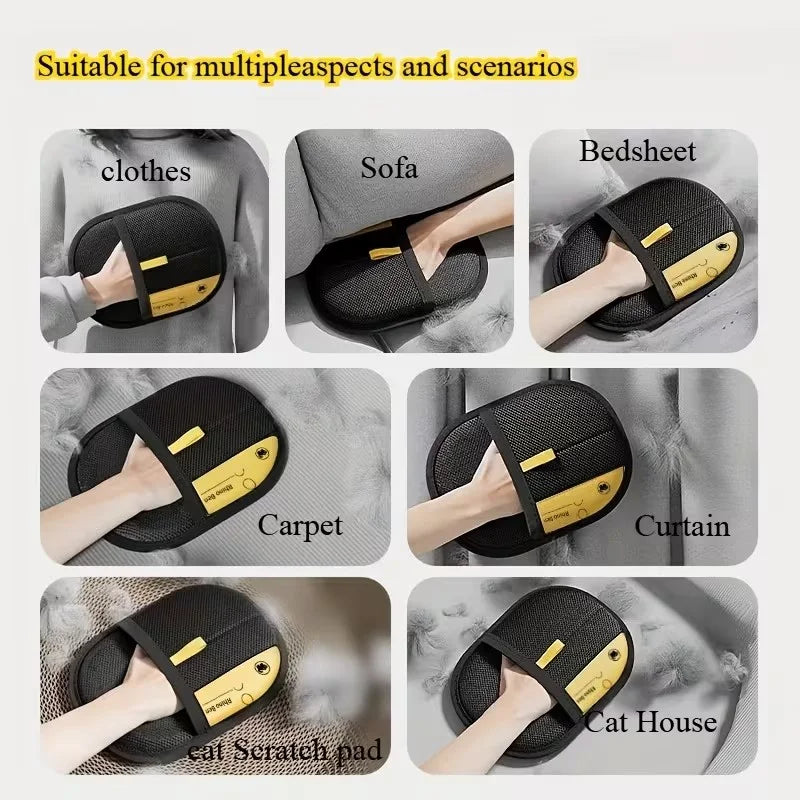 Schwarze Tierhaarentfernungshandschuhe in verschiedenen Kontexten wie auf Kleidung, Sofa, Bettlaken, Teppich, Vorhang und Kat