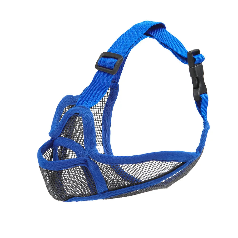 Blue nylon dog muzzle with a mesh cage and black adjustable strap
