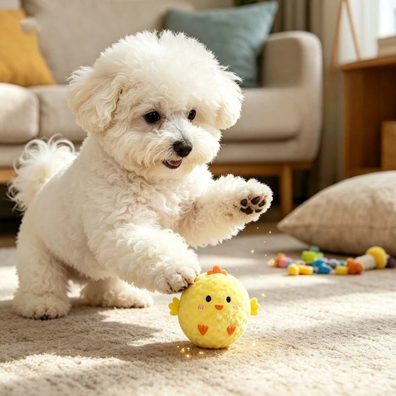 A fluffy white dog toy puppy lying on a carpet with a yellow squeaky ball nearby.