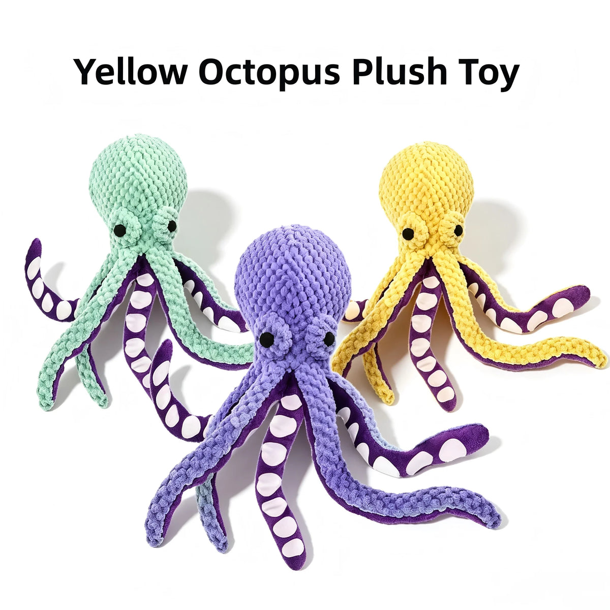 Yellow octopus plush toy with green and purple tentacles for interactive play