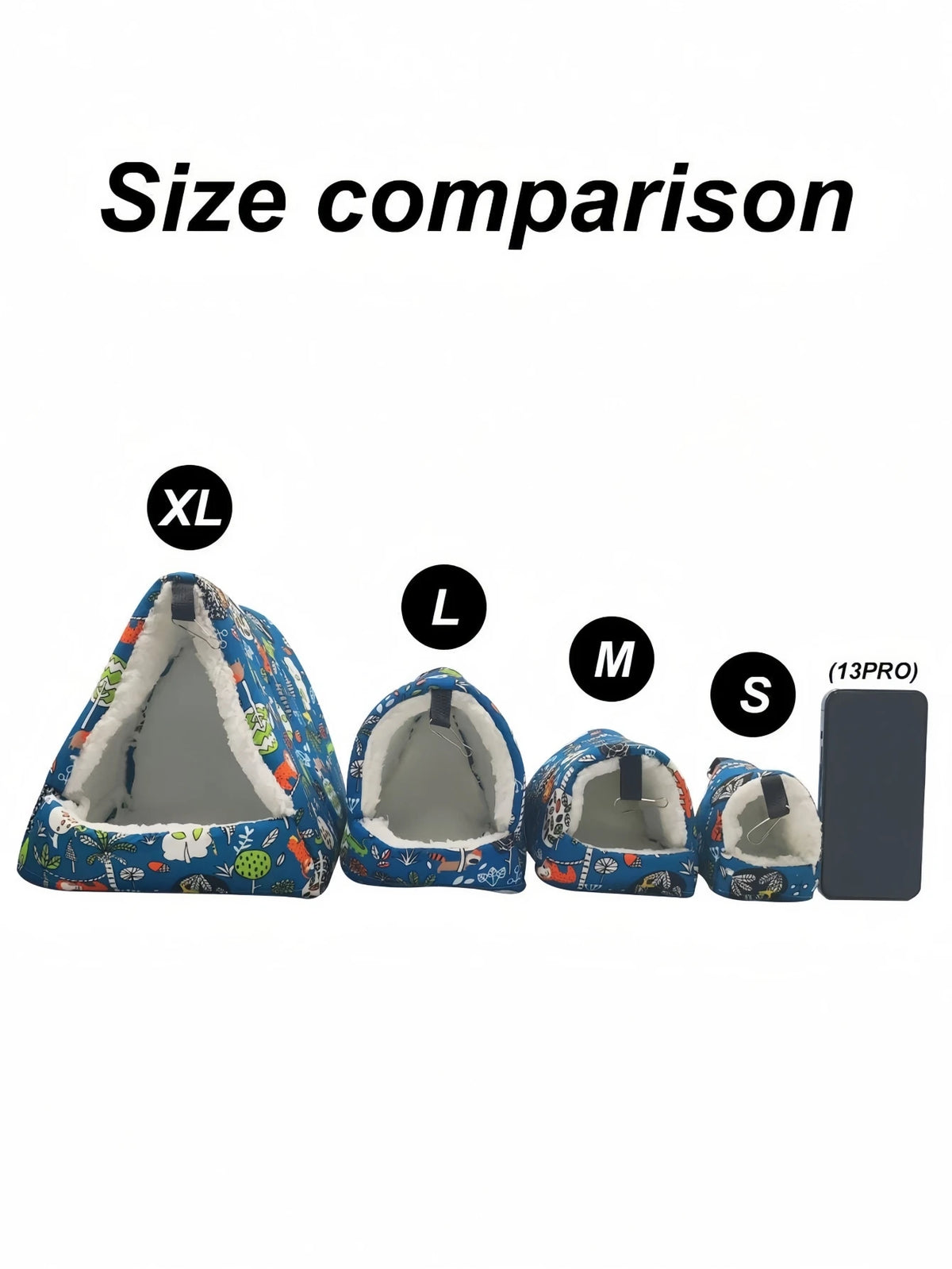 Size comparison showing different sized bird nest hammocks labeled XL, L, M, S, and 13PRO.