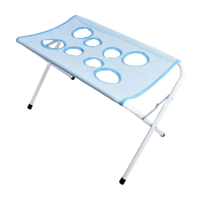 Light blue mesh foldable pet bathing stand for cats and dogs with a metal frame