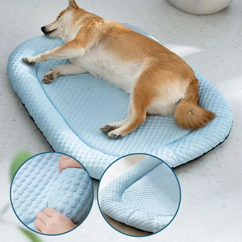 A light blue ice silk cooling pet bed for a dog resting on the fabric with close-ups of the material texture.