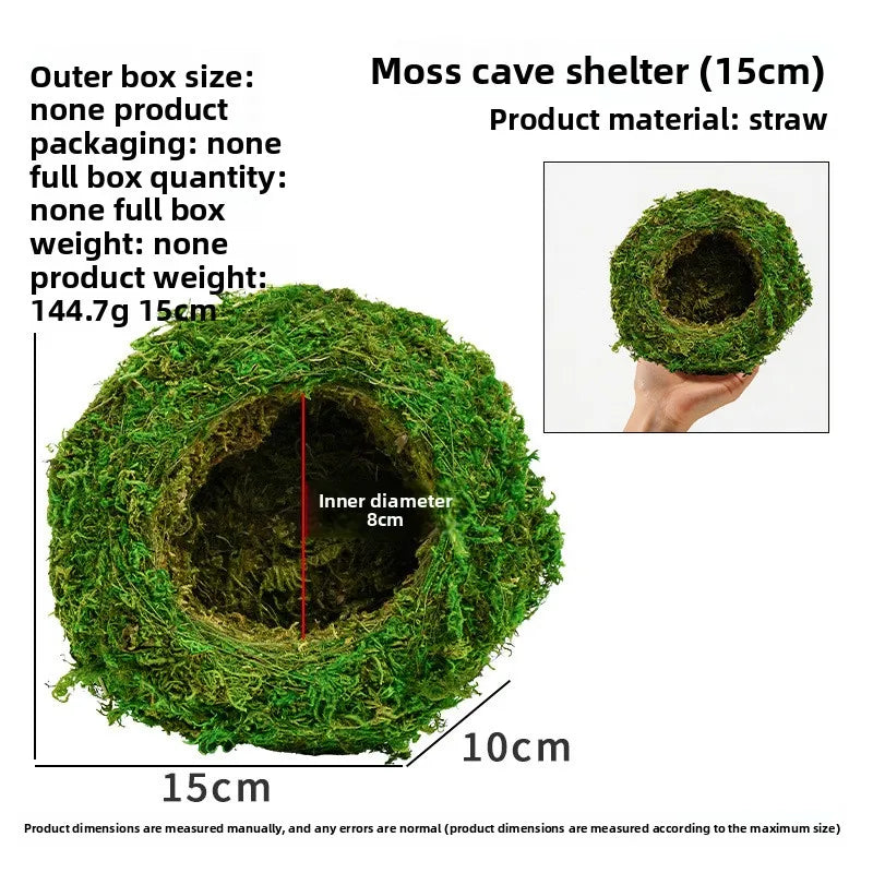 A round moss cave shelter made of straw, measuring 15cm in diameter.