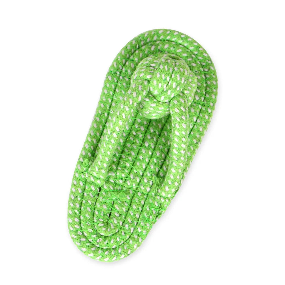 A bright lime green cotton rope dog toy with a knotted end, suitable for dental health and interactive play.