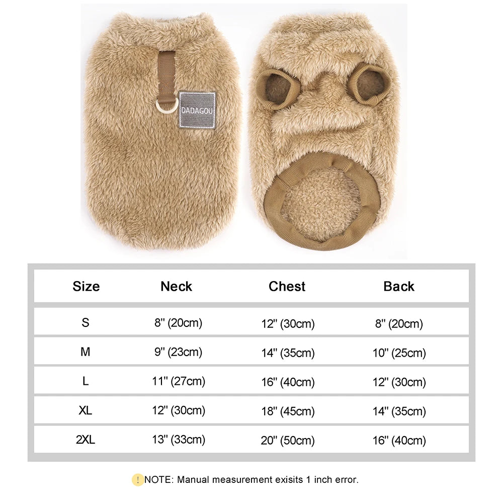 Un par de chalecos peludos beige para perros, mostrados en varios tamaños y estilos.