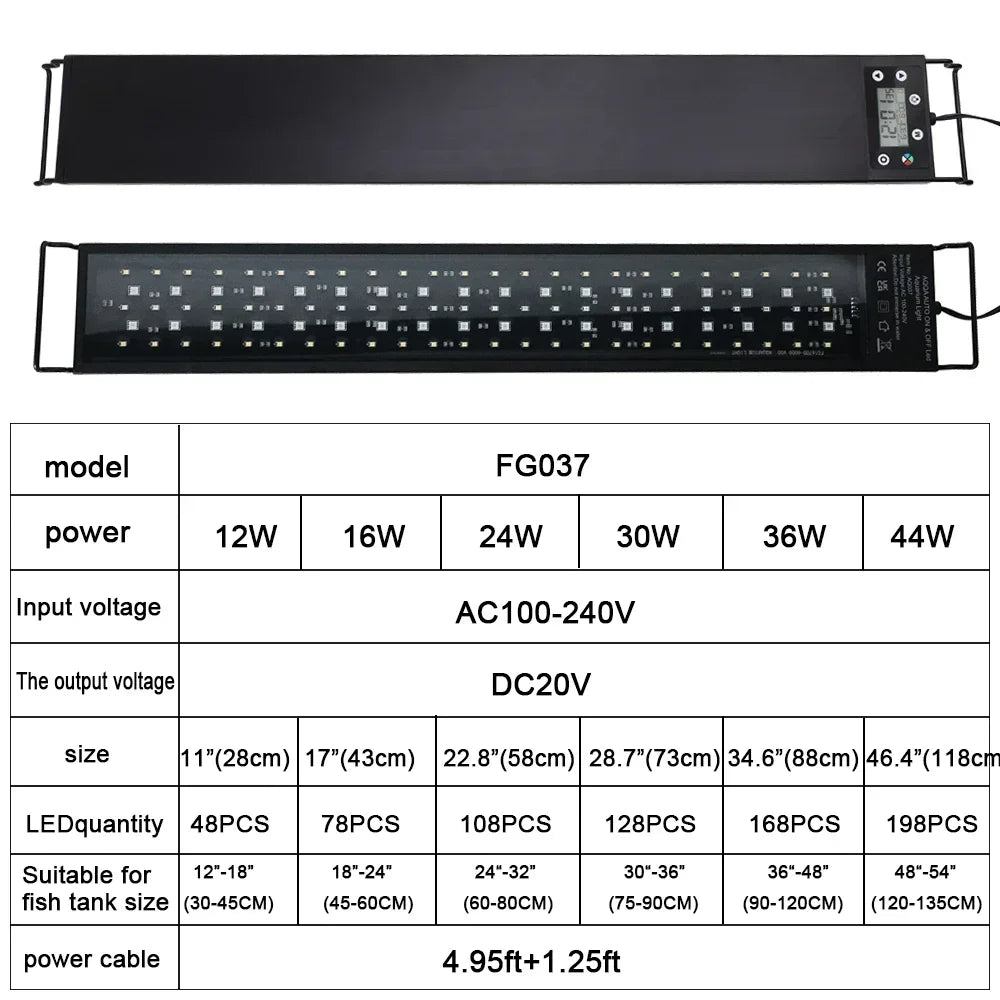 Black full spectrum aquarium LED light with adjustable power options and DC output.
