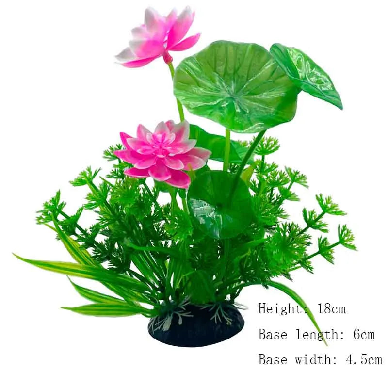 A vibrant artificial aquarium plant featuring pink and green leaves and flowers.