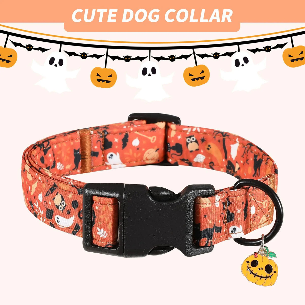 An orange patterned pet collar with a black buckle and a Halloween pumpkin charm.