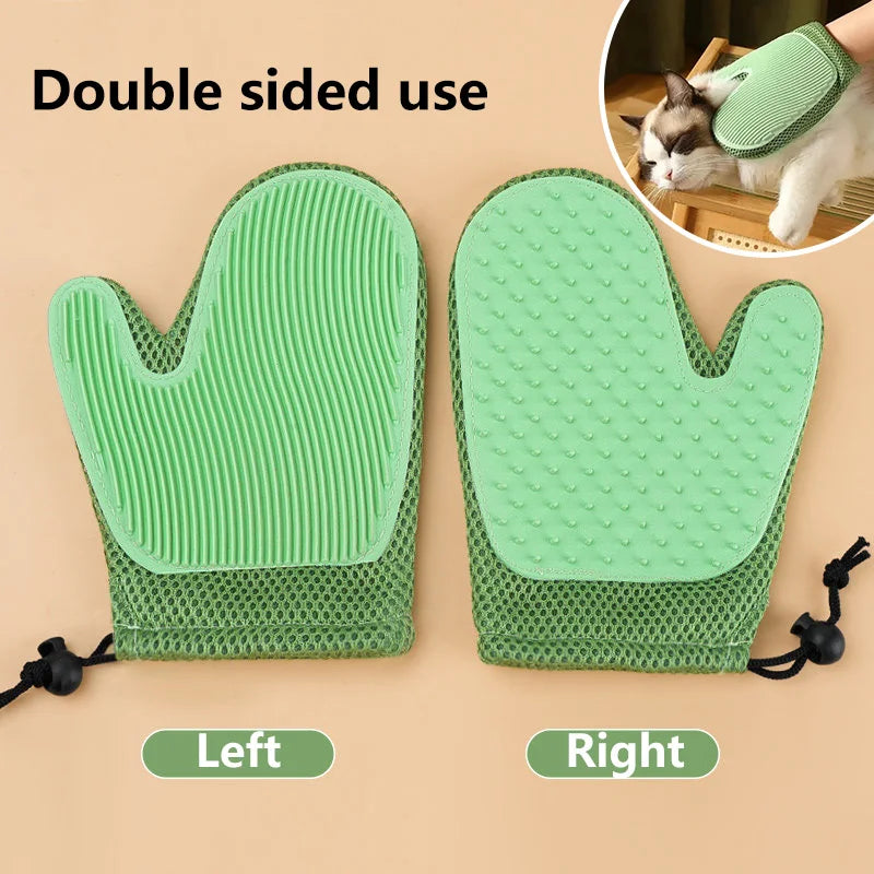 Pair of double-sided green grooming gloves for pets, showing left and right sides.