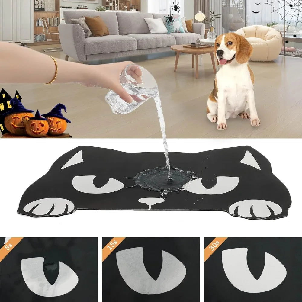 A black pet feeding mat with a white spider web design is shown being used by a dog.