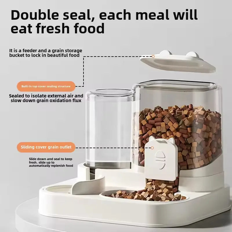 A white pet feeder and water dispenser set for cats and small dogs with a double seal design.