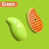 A bright green pet grooming brush with orange bristles and a steam spray feature.