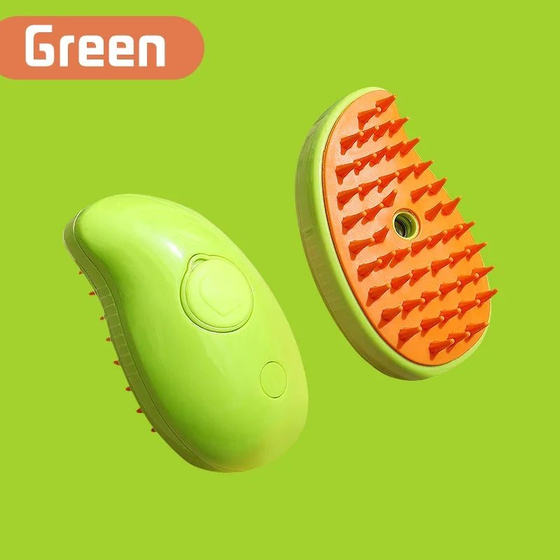 A bright green pet grooming brush with orange bristles and a steam spray feature.