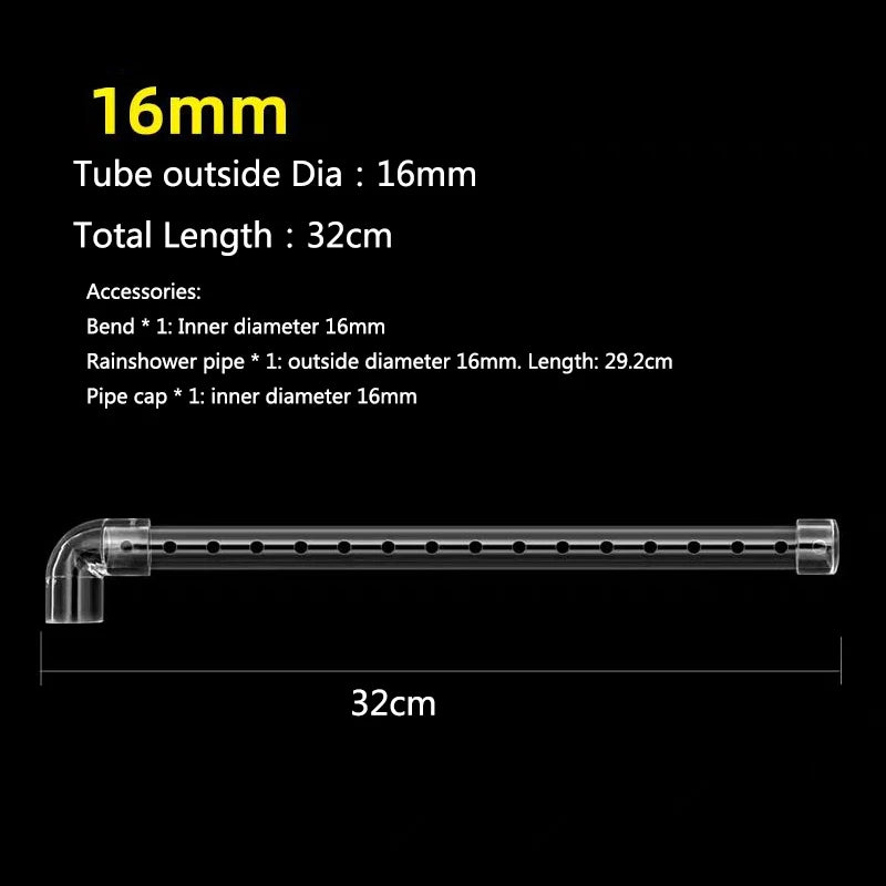 A transparent acrylic aquarium spray bar with a 16mm tube outside diameter and a total length of 32cm.