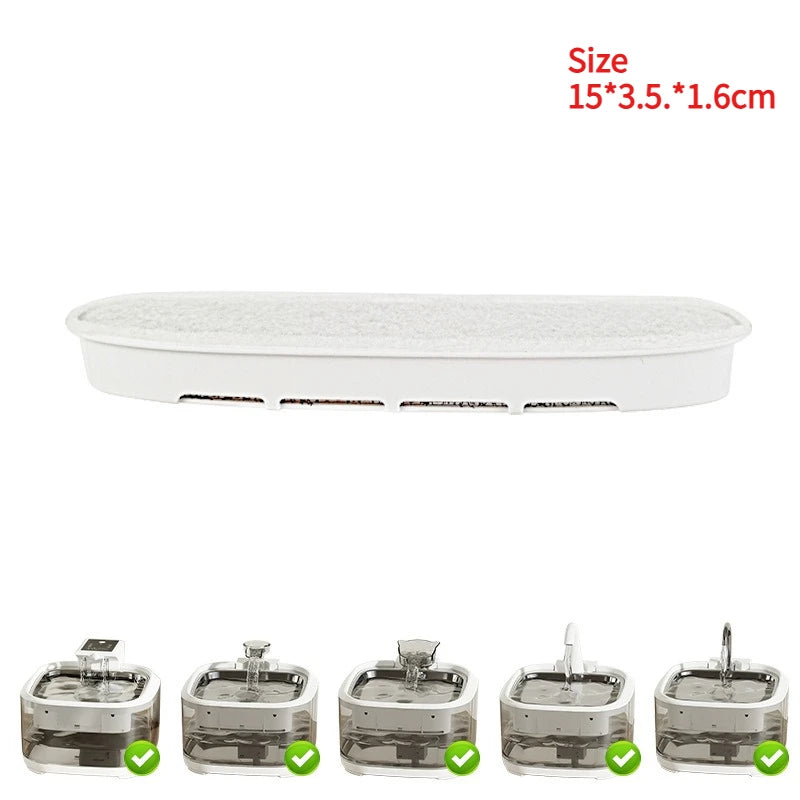 White replacement filters for a cat water fountain shown in various configurations.