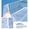 A hand is shown interacting with a blue mesh cover for a bird cage, demonstrating the elasticity of woven elastic cord.