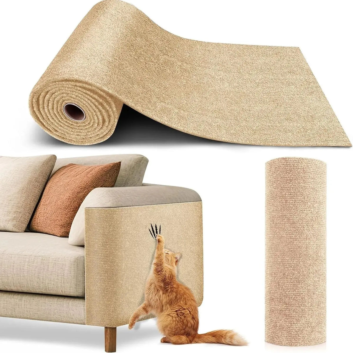 Un rollo de material autoadhesivo para rascador de gatos junto a un mueble con un gato mirando.