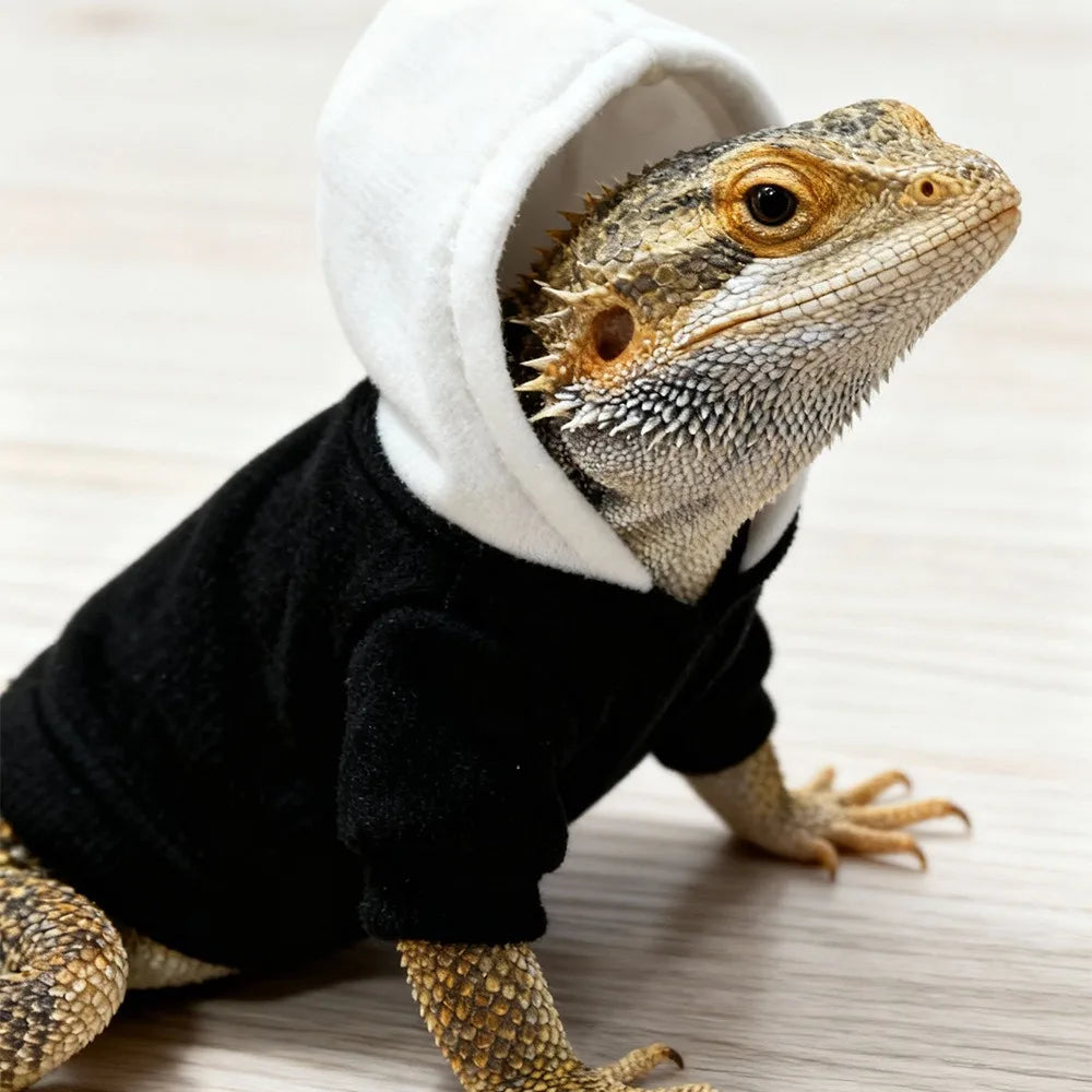 A bearded dragon costume featuring a realistic head and body, dressed in a black shirt and white hood.