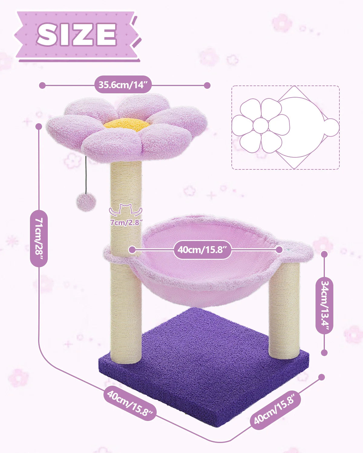 A purple flower-shaped cat tree featuring a scratching post, hammock, and cozy top perch.
