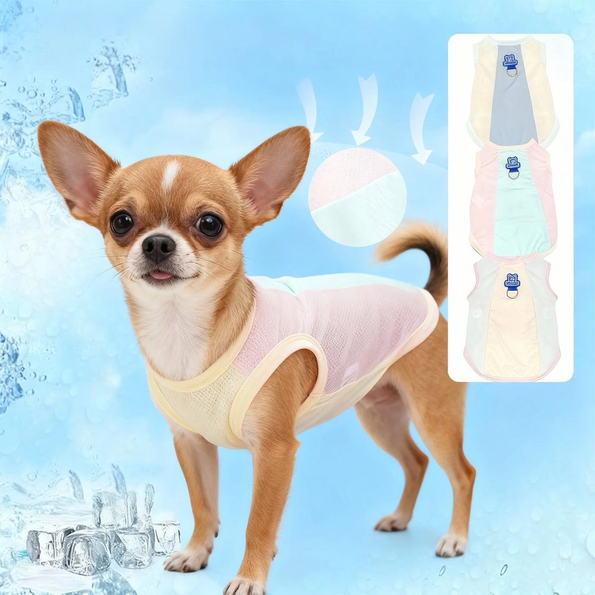 A small brown dog wearing a light pink cooling vest with UV protection features shown alongside the product details.
