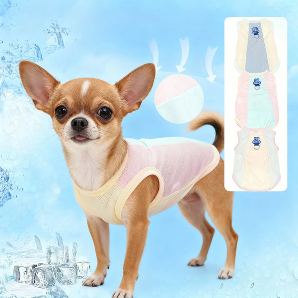 A small brown dog wearing a light pink cooling vest with UV protection features shown alongside the product details.