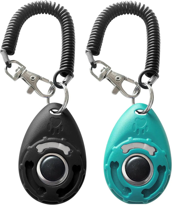 A pair of black and teal pet training clickers with wrist straps.