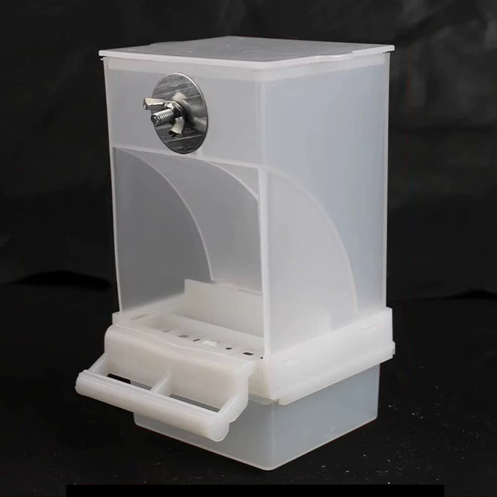 Clear anti-spill automatic bird feeder with a perch and feeding tray