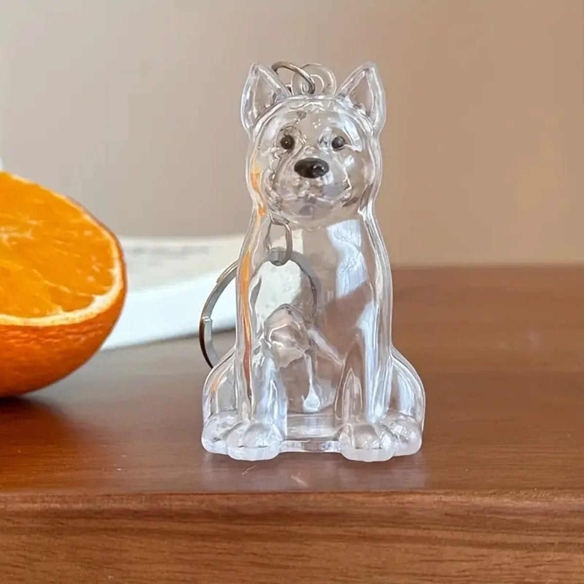 Clear acrylic keychain shaped like a dog sitting, used for pet hair storage.