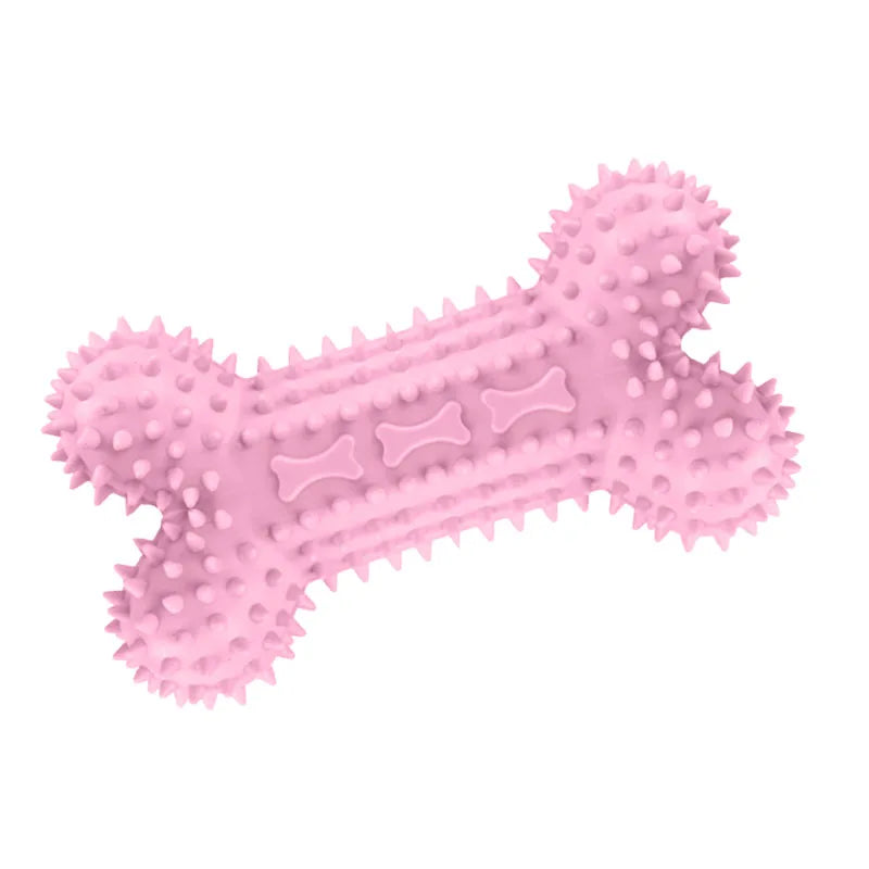 Pink rubber chew toy for small dogs featuring a dental cleaning texture.