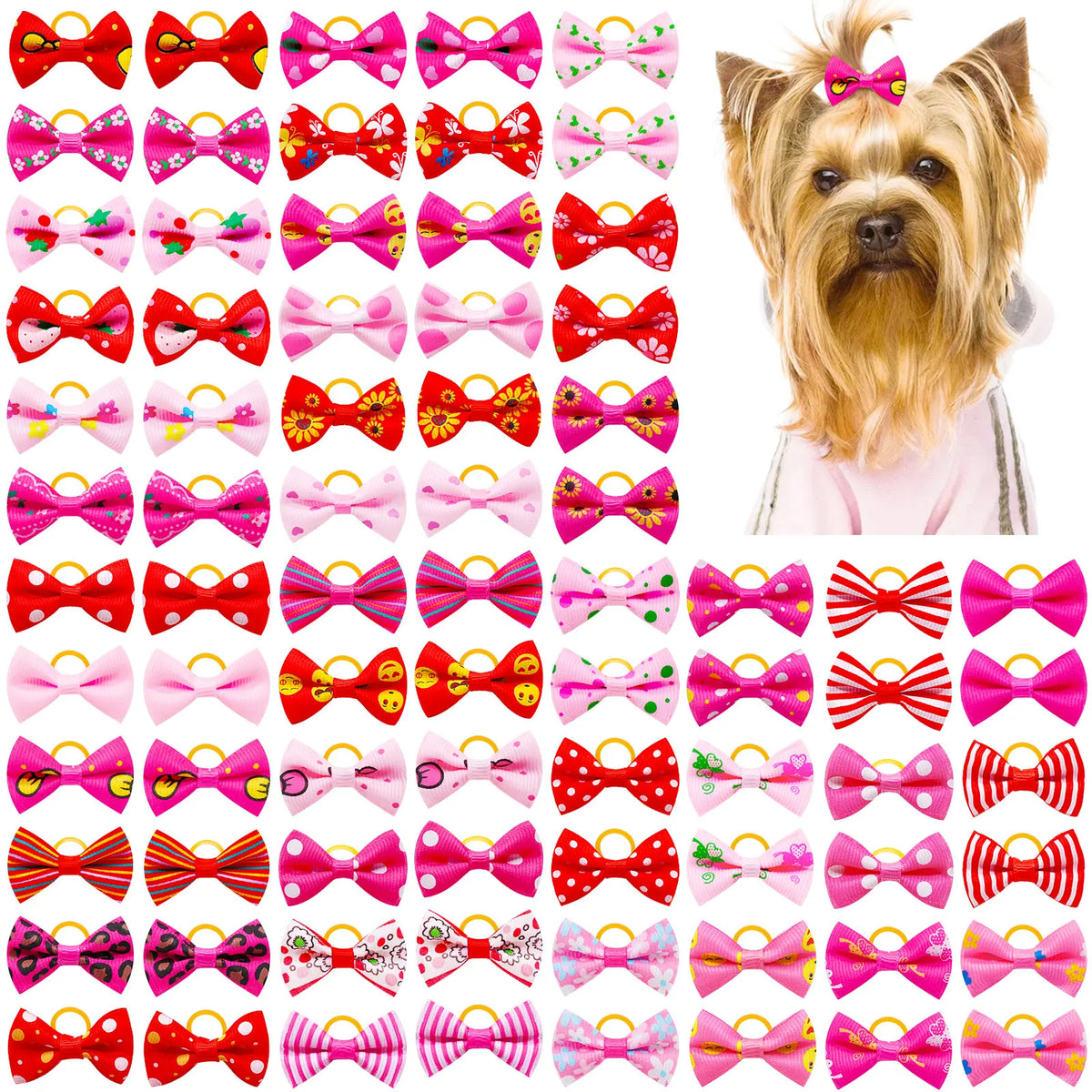 Pet Hair Bows with Rubber Bands - Assorted Styles for Small Dogs and Cats