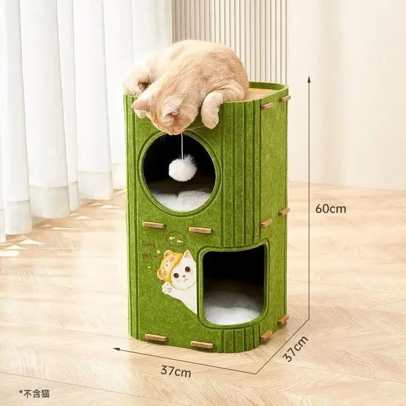 A vertical green cat house with a round entrance and a rectangular opening, featuring a scratching board for a cat.