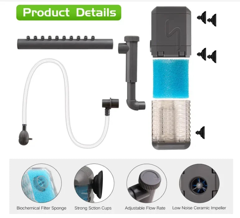 3-in-1 Silent Aquarium Filter with Wave Maker and Oxygenation