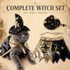 A gray cat wearing a black and gold witch costume set including a hat, cape, and costume pieces.