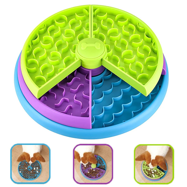 A bright green interactive puzzle feeder bowl for dogs with multiple compartments and a purple base.