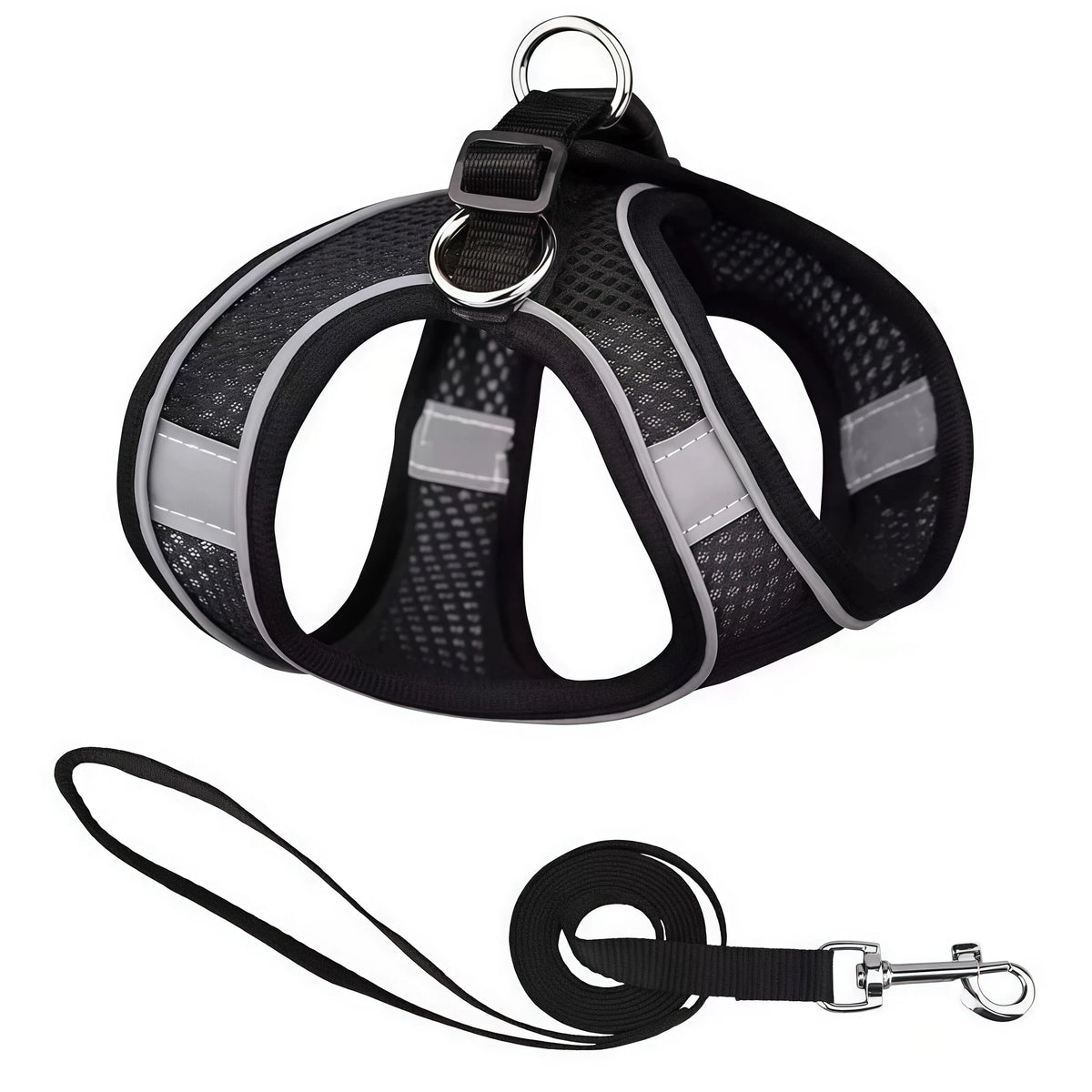Black reflective adjustable dog harness and leash set with silver hardware