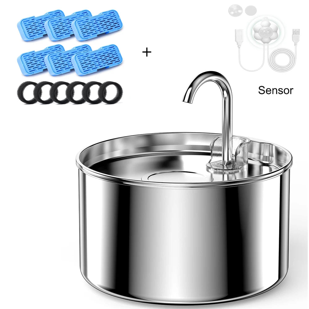 Stainless steel pet water fountain with filter and sensor components
