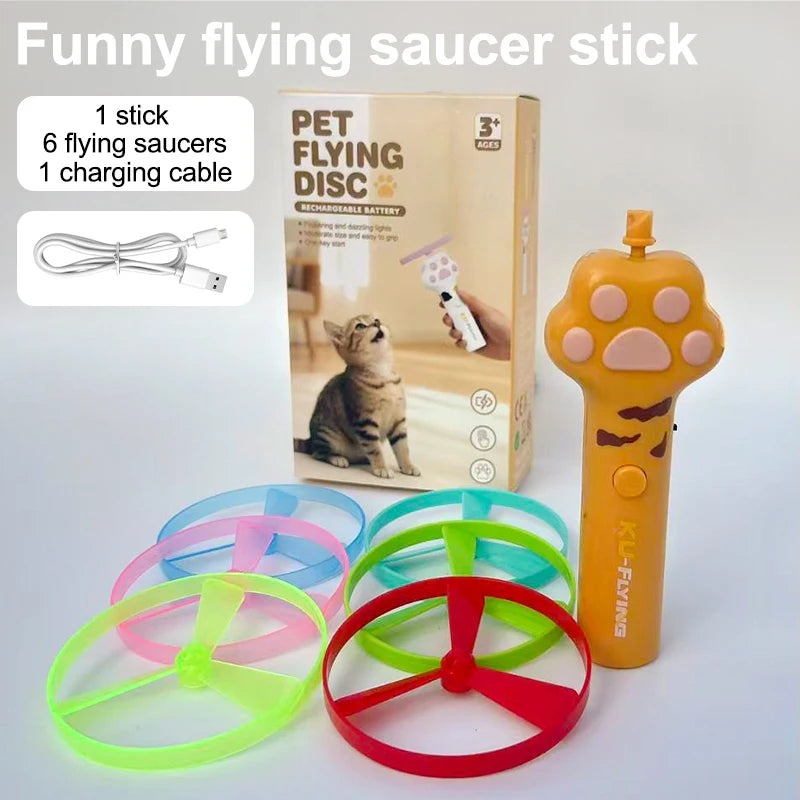A set of flying saucer sticks and accessories for an interactive cat wand toy, including six flying saucers and a charging ca