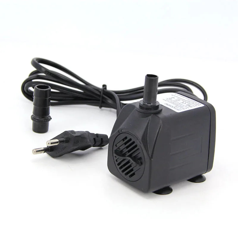 Black submersible aquarium water pump with a cord and a connector.