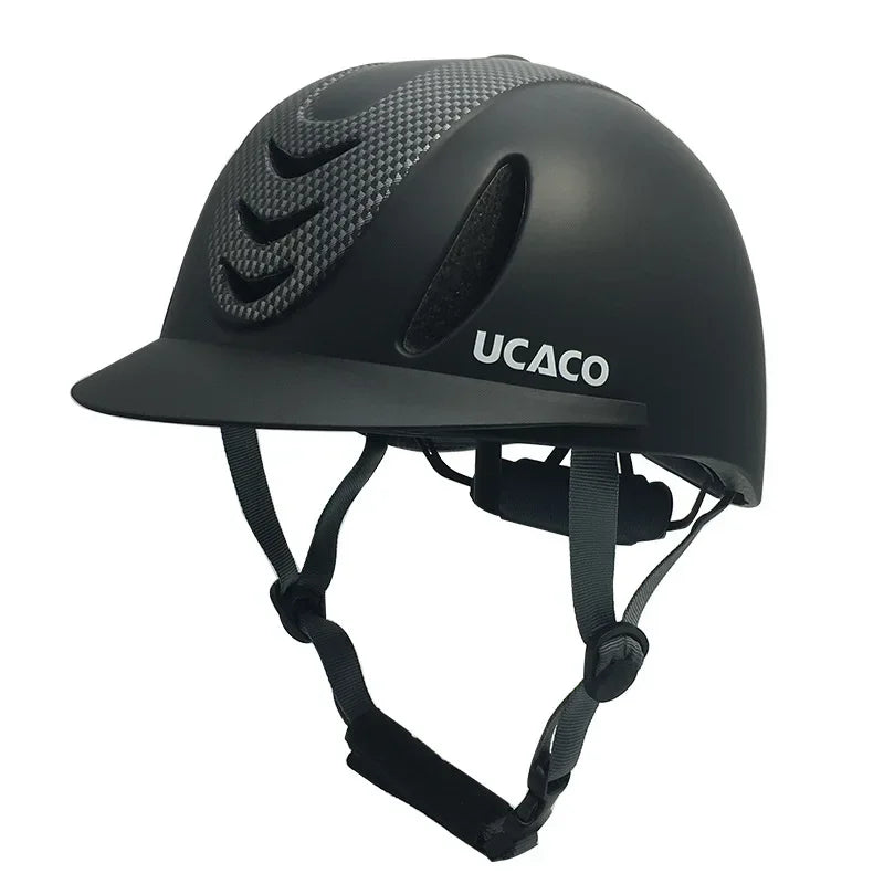 A black UCaco equestrian helmet with a textured surface and adjustable chin strap.