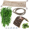 A set of reptile hammock and climbing bridge made of natural fibers with suction cups and small green foliage.