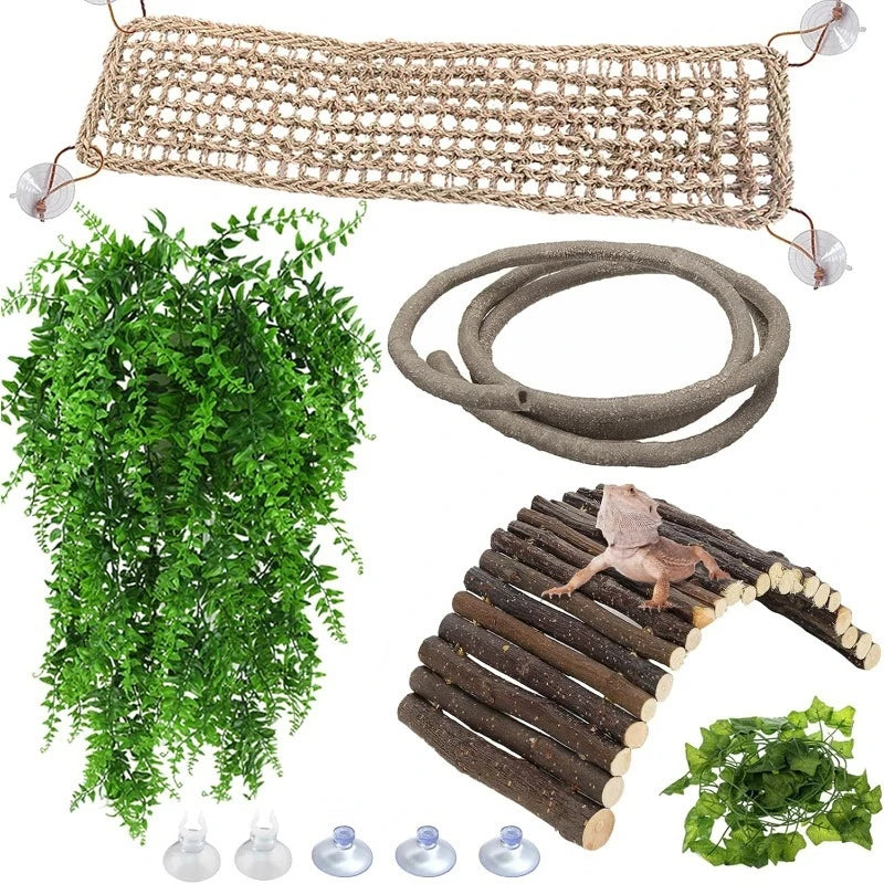 A set of reptile hammock and climbing bridge made of natural fibers with suction cups and small green foliage.