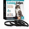 Box of calming collars for cats and dogs with natural ingredients and waterproof design shown next to several black collars