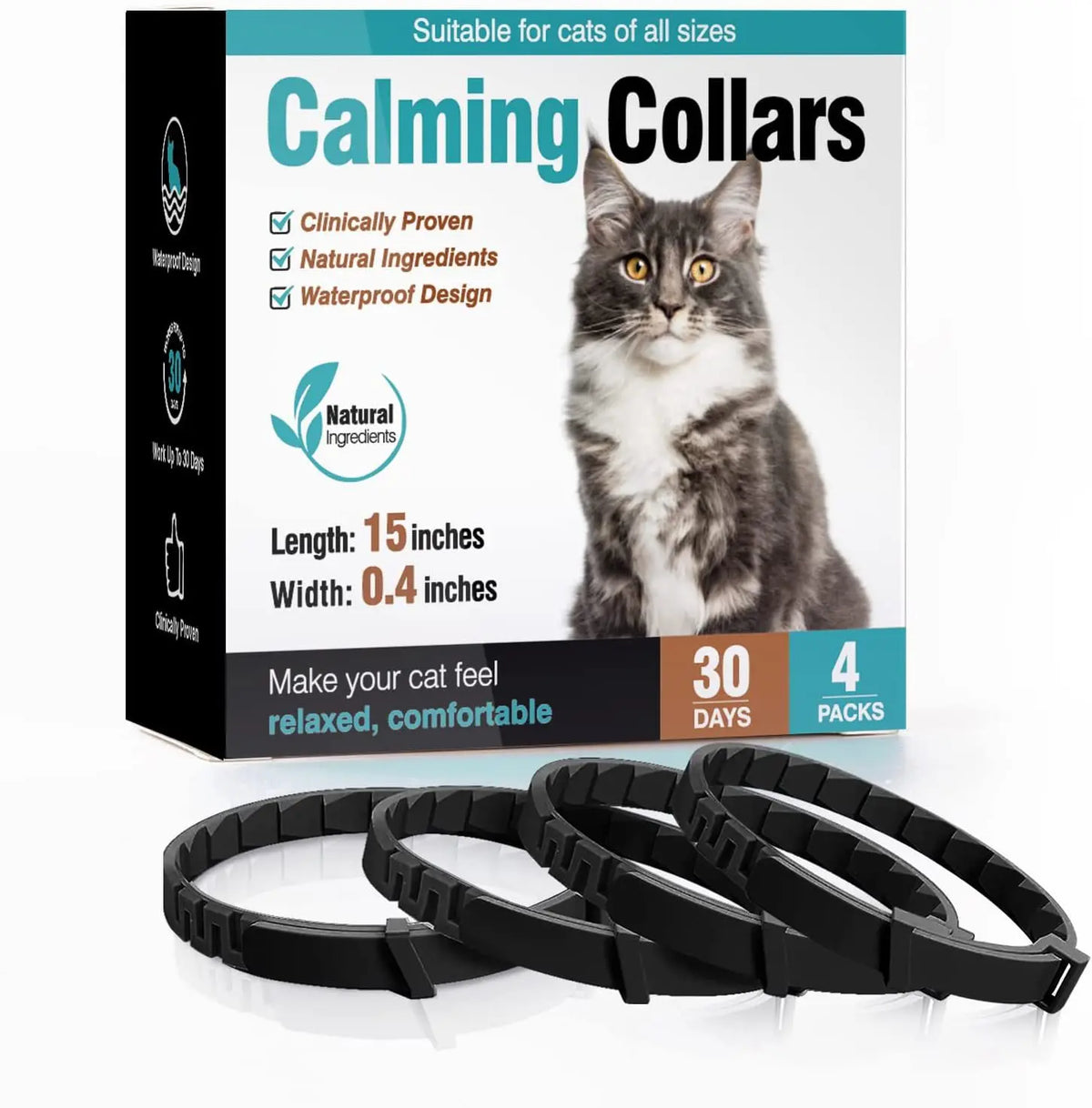 Box of calming collars for cats and dogs with natural ingredients and waterproof design shown next to several black collars