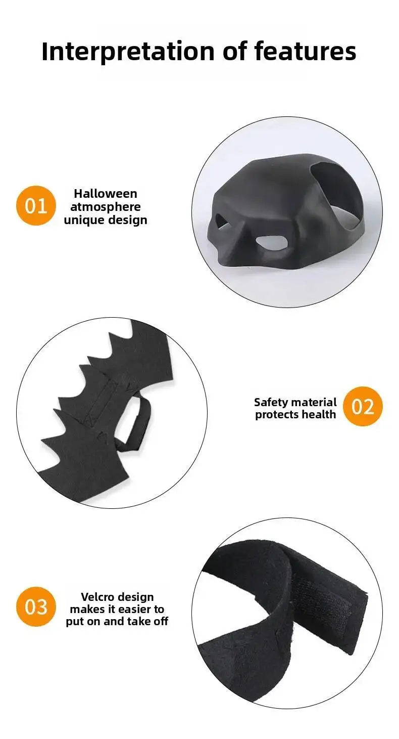 Features of a black bat costume set including a unique design, safety material, and velcro for easy wear.