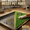 A reusable dog grass toilet training mat with a non-slip base is shown in use on a wooden floor.