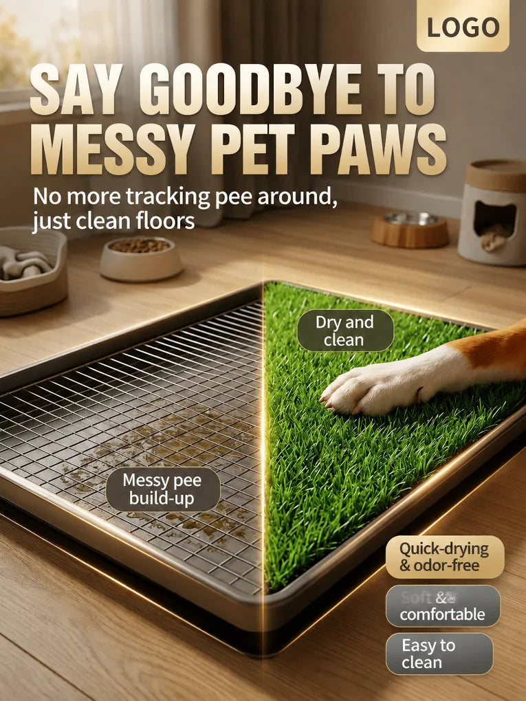 A reusable dog grass toilet training mat with a non-slip base is shown in use on a wooden floor.