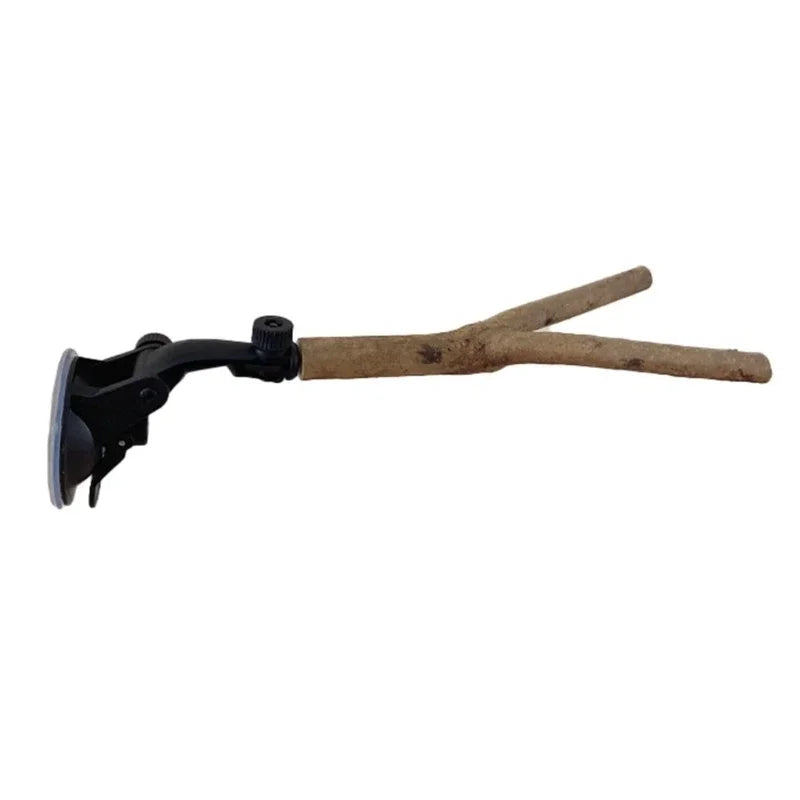 A wooden bird perch with a black mount and suction cup feature.