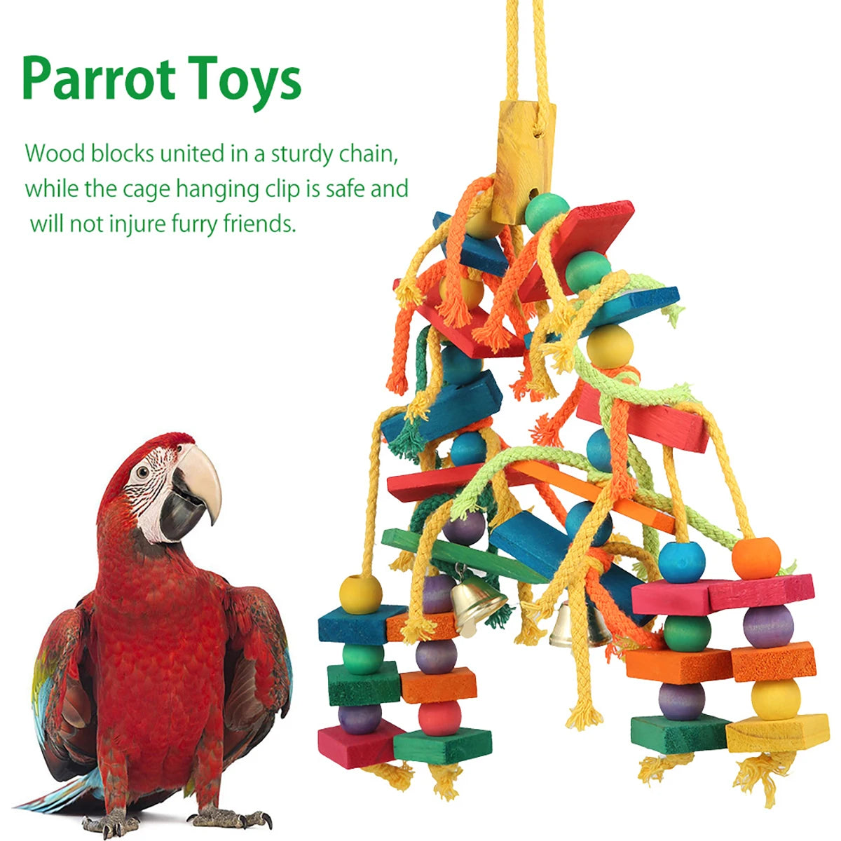 Colorful Wooden Bead and Rope Parrot Chew Toy with Hanging Hook