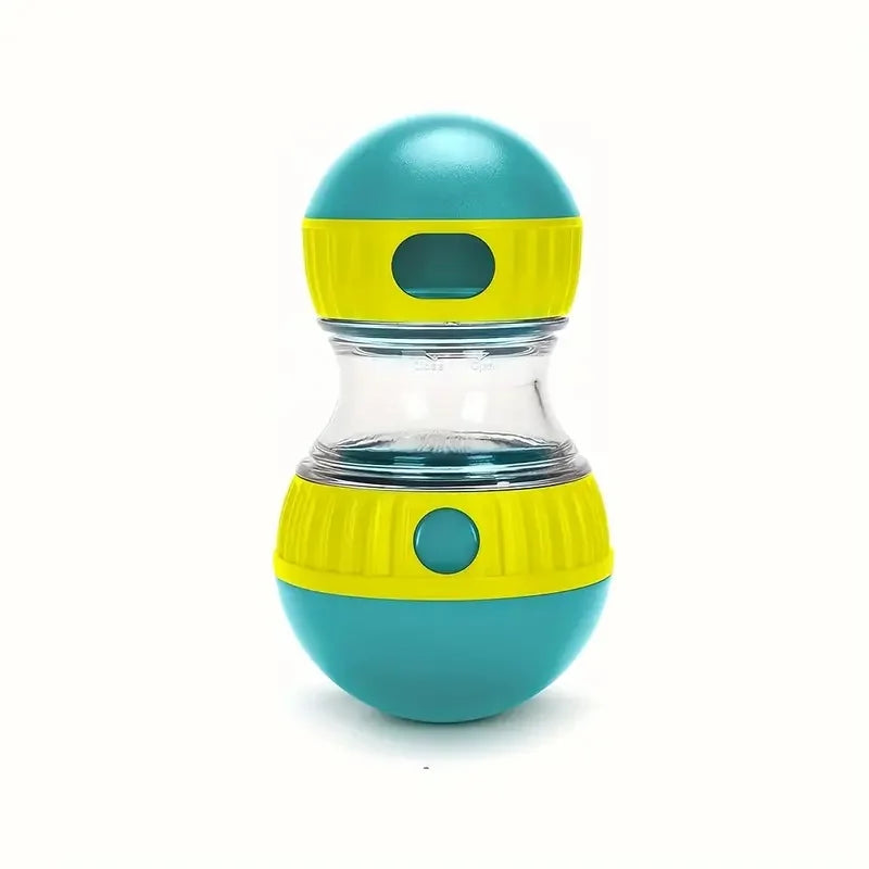 A turquoise and yellow interactive slow feeder dog toy with a clear dispenser.